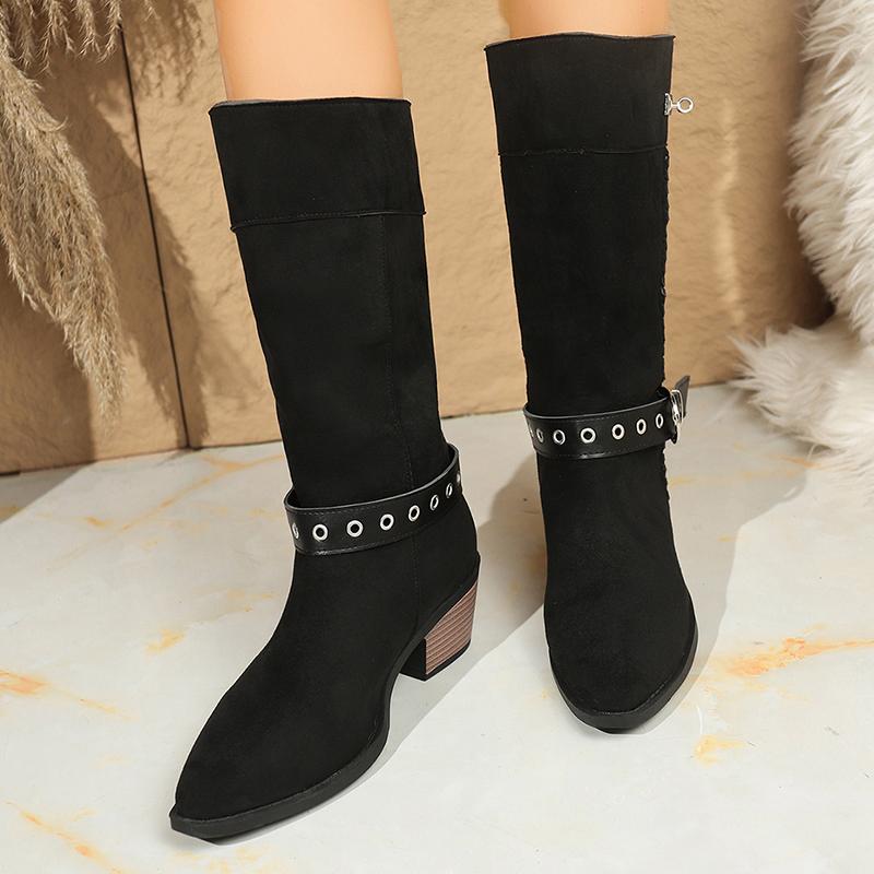 Modna Klamra do Paska Grube Obcasy Buty Westernowe Damskie Retro Wsuwane Szpiczasty Nosek Wysokie do Kolan Buty Damskie Duży Rozmiar Rycerskie Długie Botas Mujer