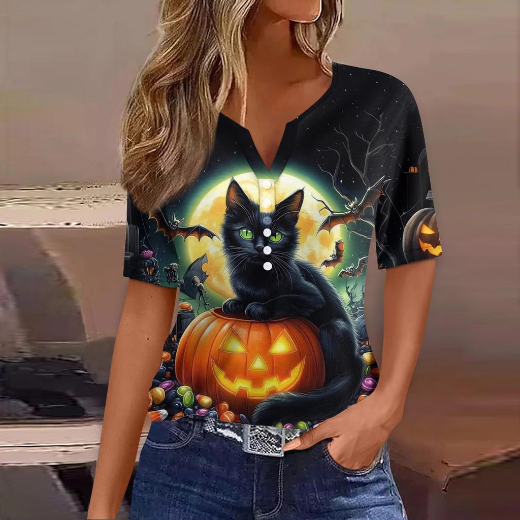 Dames T-skjorte Tee Halloween Trykket Knapp Kortermet Tunika Daglig Helgemote Basic V-hals Vanlig Topp