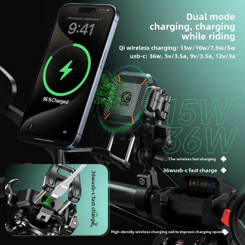 Motorcycle Wireless USB C Phone Holder Anti-Vibration Crossbar Phone Mount for 5.2"-7.2" Phones Works with 12-24V Motobike