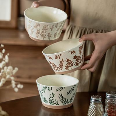 Saladier Céramique Peinte à la Main Style Pastoral Bol en Terre Cuite Rugueuse avec Relief Style Japonais Vaisselle Ménagère Bol à Riz Bol à Légumes Bol à Fruits