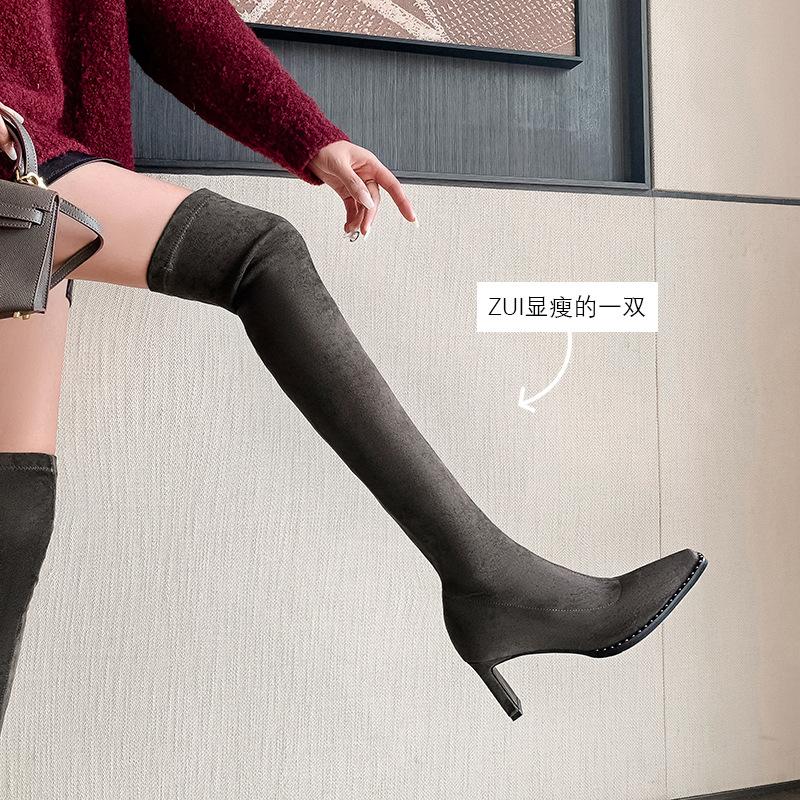New women's knee boots European and American large size boots pointed high heel zipper thin heel knee elastic boots autumn and winter women's boots
