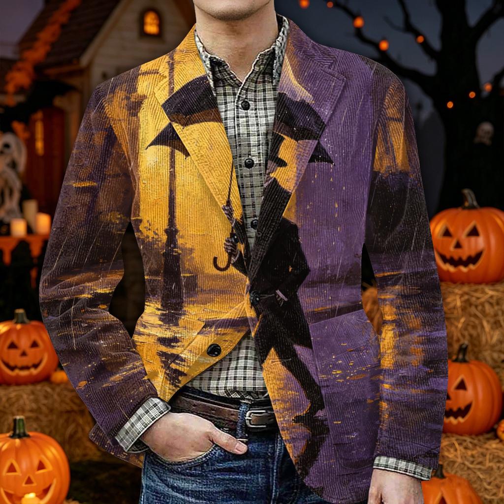 Men's Corduroy Blazer Jacket with Halloween Print Warm Casual Suit Jacket with Pockets Button Front Cardigan Style Outerwear