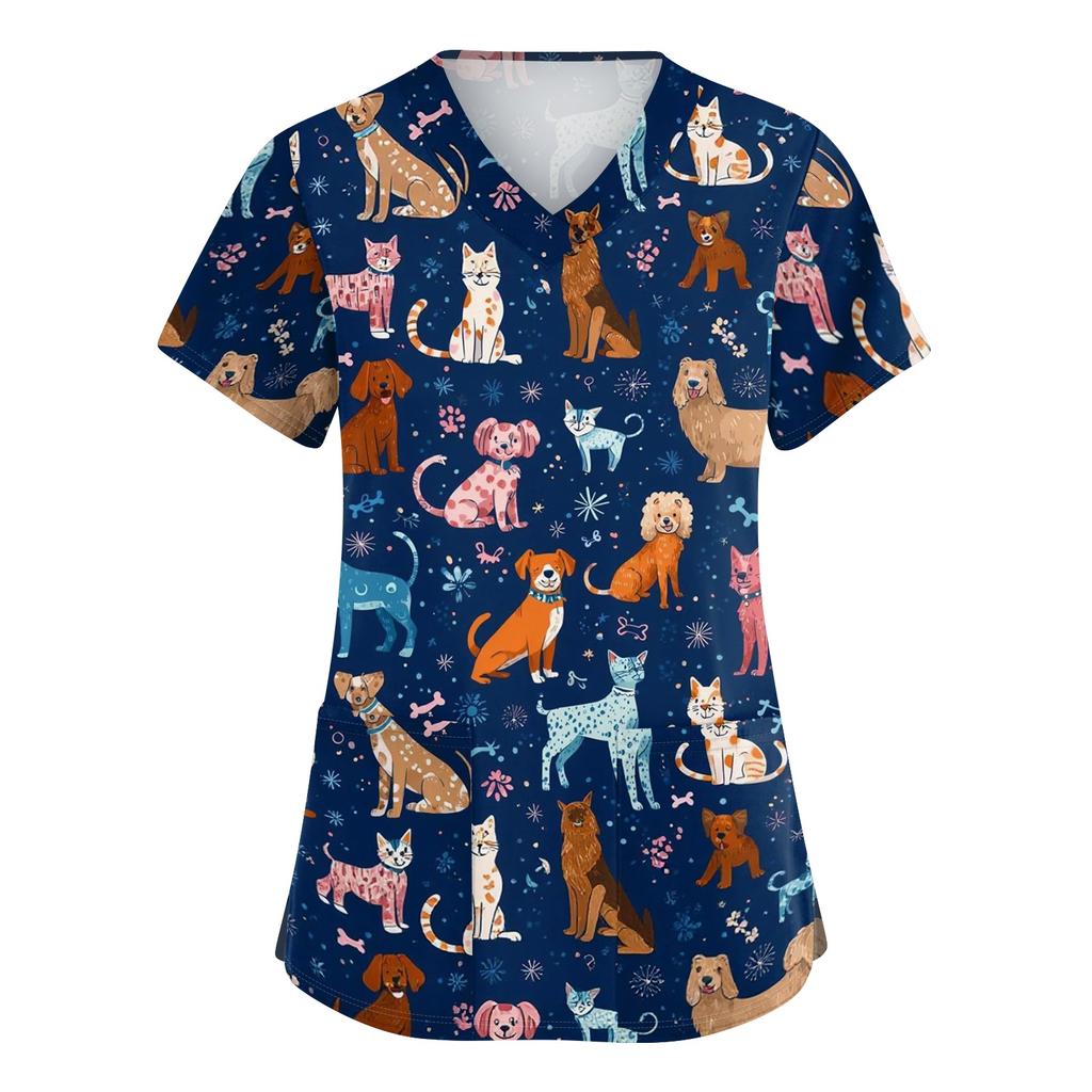 Damen V-Ausschnitt Kurzarm Oberteil mit beidseitigen Schlitzen und Taschen Tierprint Lockere Passform Bequemes Arbeitshemd