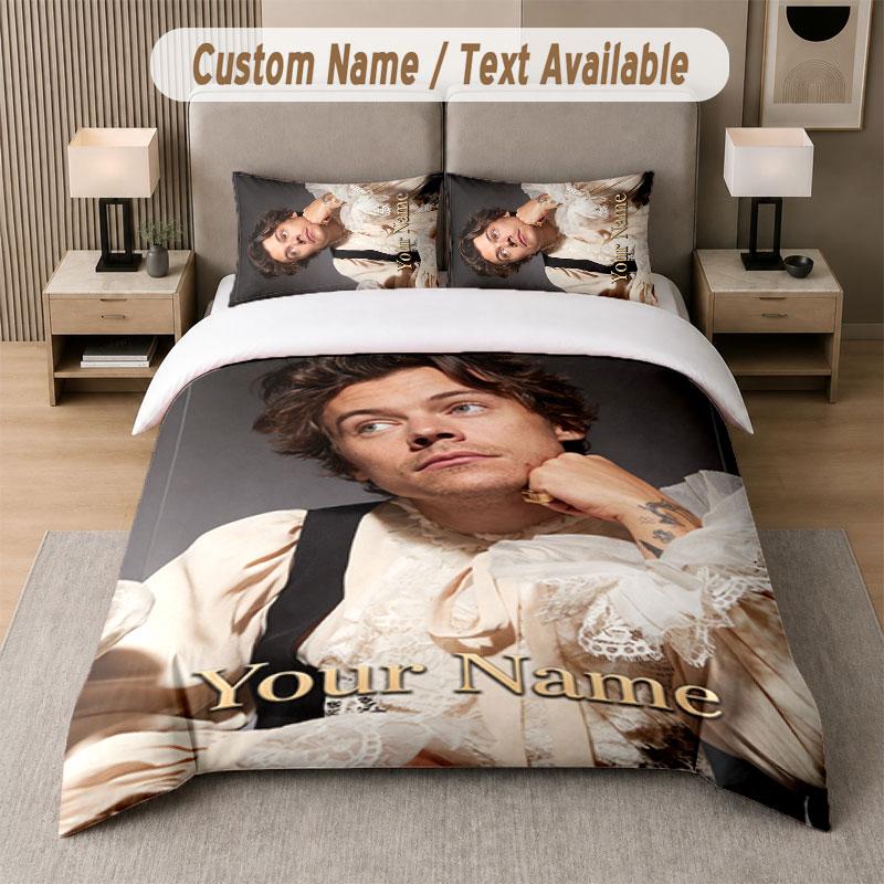 Custom Bedding Set Harry Styles Pattern, Print Name Text 1 Duvet Cover plus 2 Pillowcases Home Textile