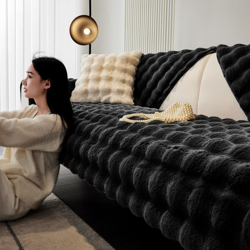Rabbit Velvet Sofa Cover Three-Dimensional Thickened Warm Living Room Sofa Cushion Non-Slip Massage Plush Sofa Back Cushion