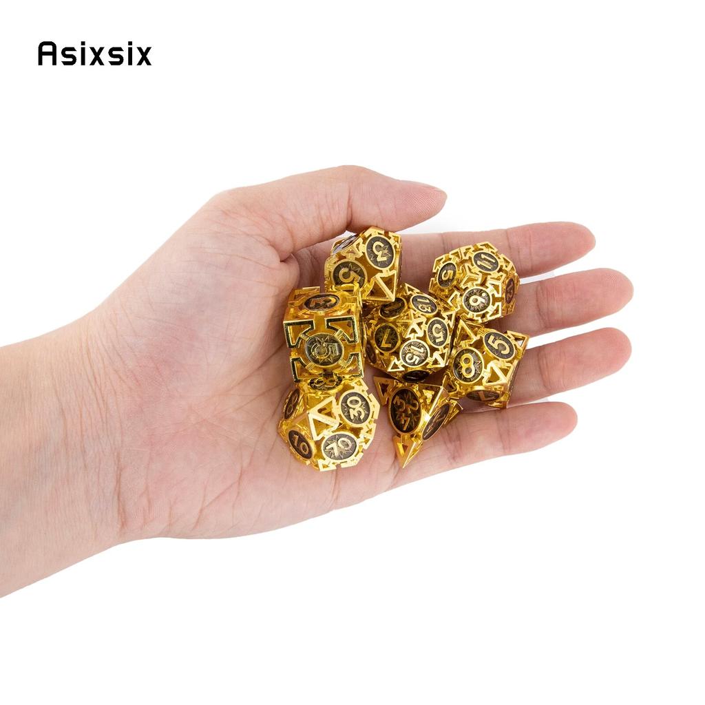 7-teiliges goldenes schwarzes Metallwürfel-Set mit kreisförmigen, hohlen Metallwürfeln, geeignet für Rollenspiele, RPG-Brettspiele, Kartenspiele
