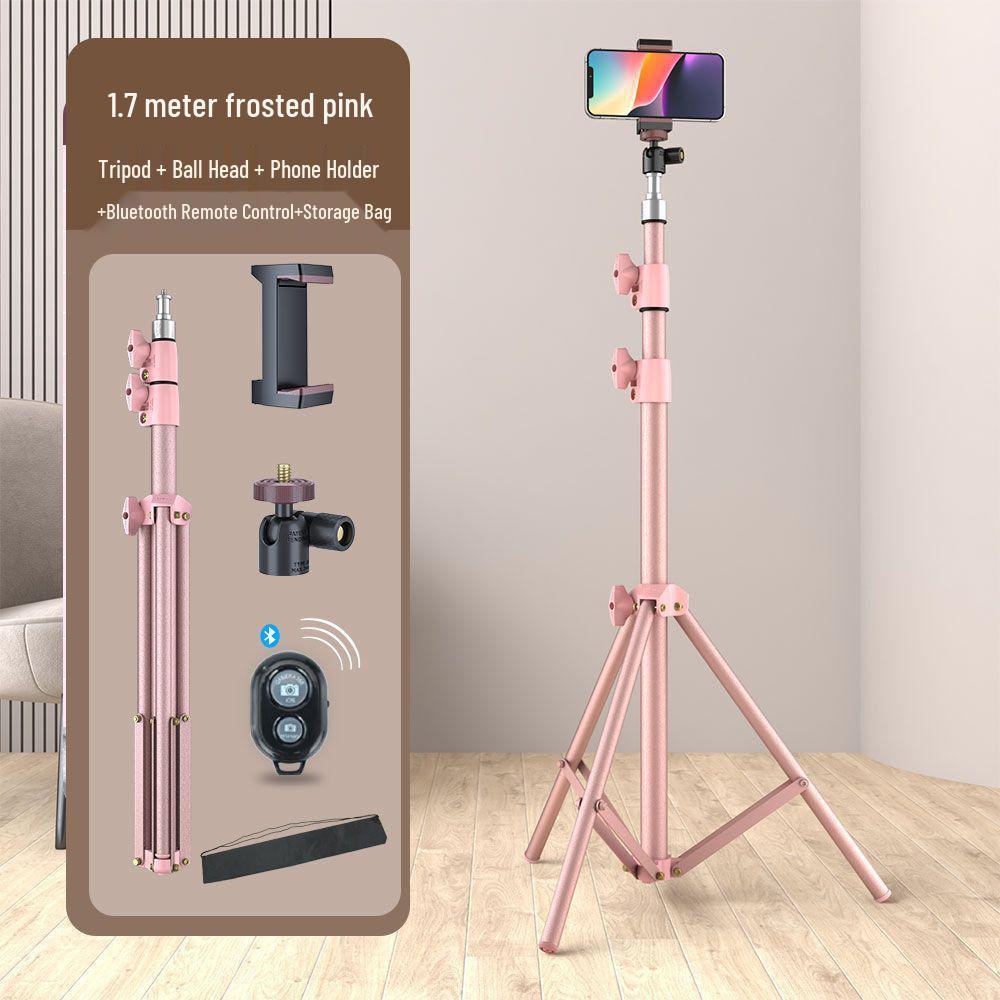 1.7m Portable Pink Tripod with Gilded Micro-Frosted Metal Finish and Phone Fill Light.