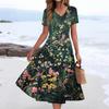 Women's Summer Casual Fashion Print Pocket Short Sleeve V-Neck Swing Dress