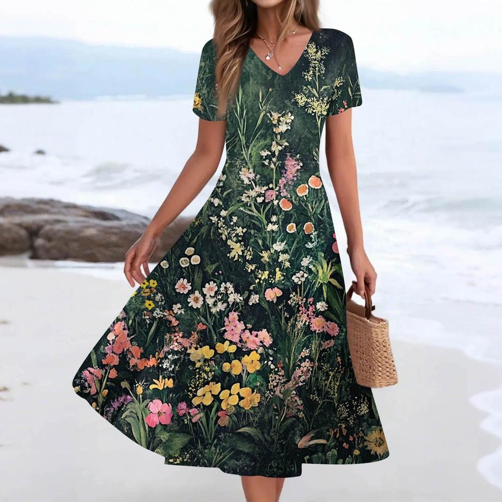 Women's Summer Casual Fashion Print Pocket Short Sleeve V-Neck Swing Dress