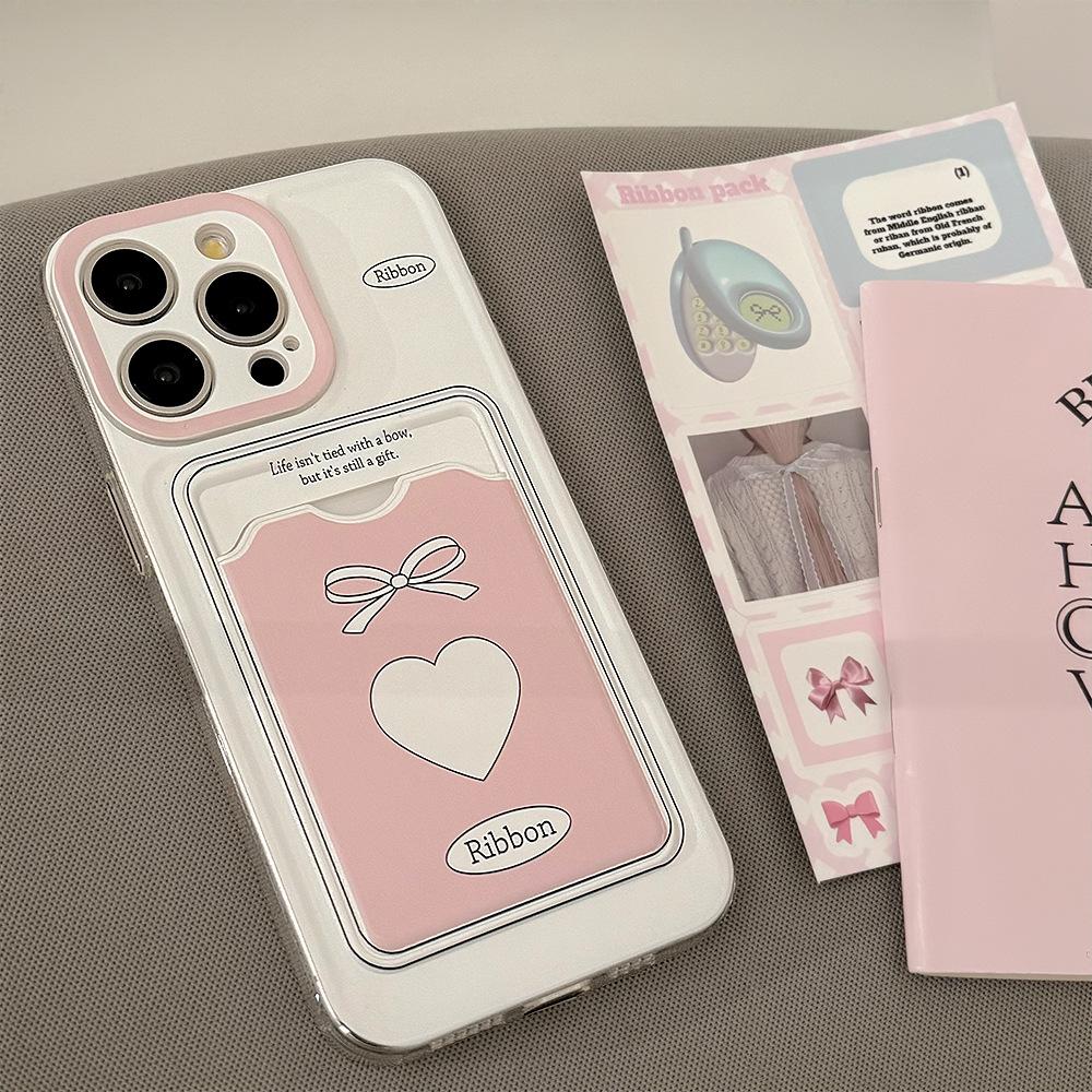 Korean Pink Love Card Bag Suitable for Apple 15 Promax Mobile Phone Case Iphone14 Niche 16 All Inclusive 13 Soft