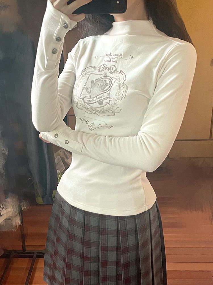 Women's Spicy Girl Half-High Collar Fleece T-Shirt - Slim Fit, Long Sleeve, Autumn/Winter Top