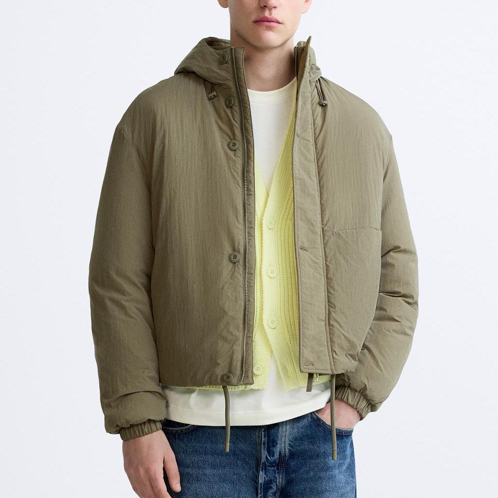 Zara Pánská bavlněná bunda jednobarevná ležérní s kapucí a dlouhým rukávem khaki 6318415-505