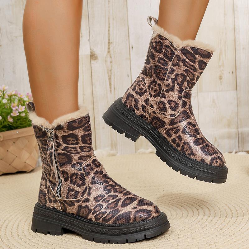 Fashion Leopard Print Platform Ankle Boots Women Plus Size 43 Thicken Plush Warm Winter Boots Woman Non Slip Zipper Short Botas