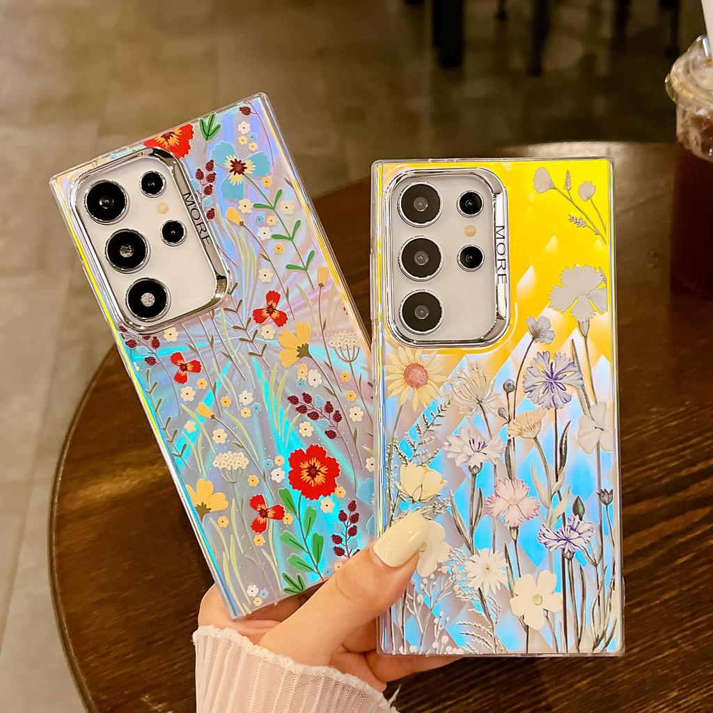 For Samsung Galaxy S24 Ultra Cell Phone Cases Electroplated Laser Flower Pattern PC+TPU Cover