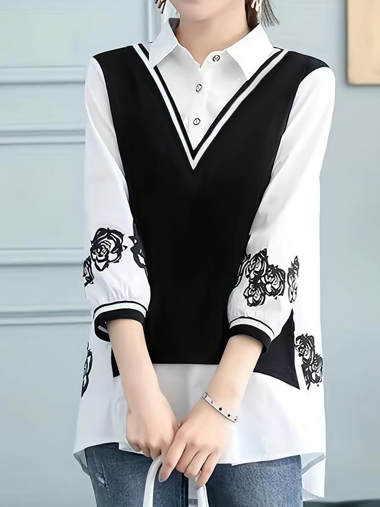 2 In 1 Button Front Blouse, Elegant 3/4 Sleeve Blouse for Spring & Fall, Women's Clothing