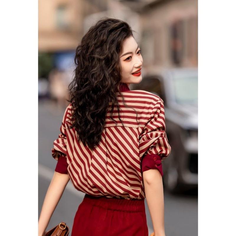 Contrast Striped Shirt Skirt Hong Kong Style Retro Salt Style Fashion Suit for Women