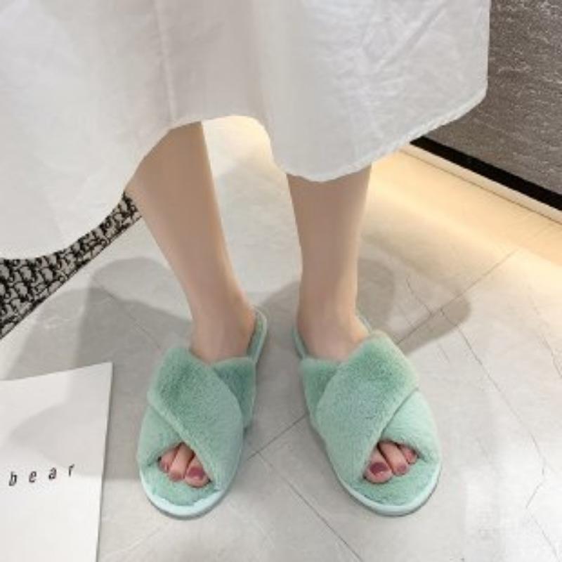 Large Size Fluffy Slippers Women's Autumn and Winter New Flat Bottom Home Indoor Cross Plush Cotton Mop
