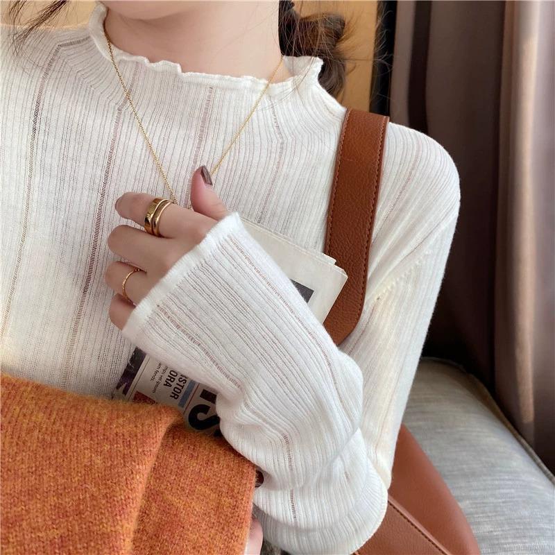 Early spring fungus edge bottoming shirt women's thin slightly transparent sexy long-sleeved sweater inside pure desire wind knitted top