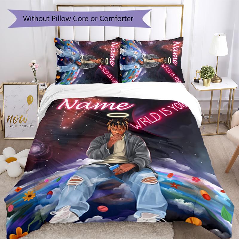 3pcs Custom Name Cartoon Juice WRLD Bedding Set Duvet Cover Closure Includes 1 Duvet Cover & 2 Pillowcases for All Seasons Bedroom Decor
