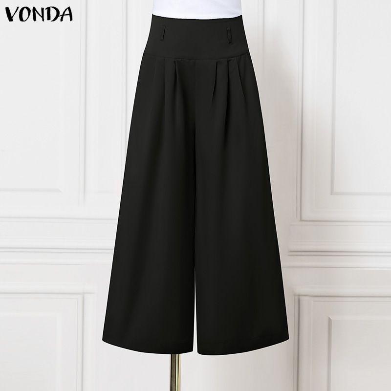VONDA Women Casual High Zip-up Waist Casual Nonelastic Wide Leg Pants Trousers