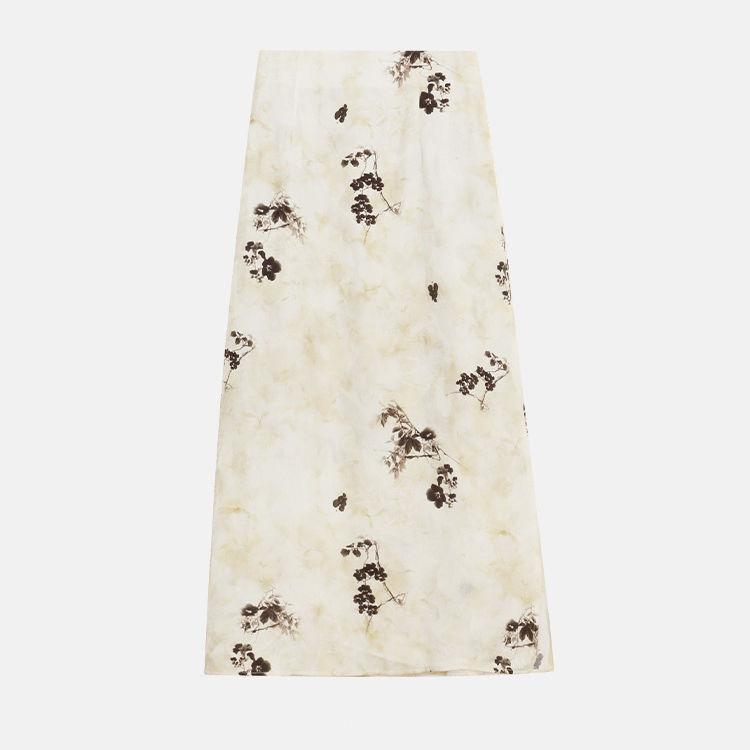 Women's Summer High-Waist Chinese Style Floral Print Midi Skirt - Flowy Drapey Long Skirt with Elegant Aesthetic