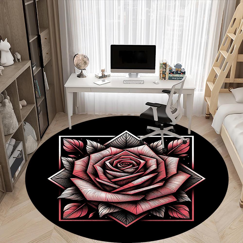 1pc Rose Bloom Office Round Area Rug, Under Office Chairs Bedroom Living Room Home Decor, Room Deco