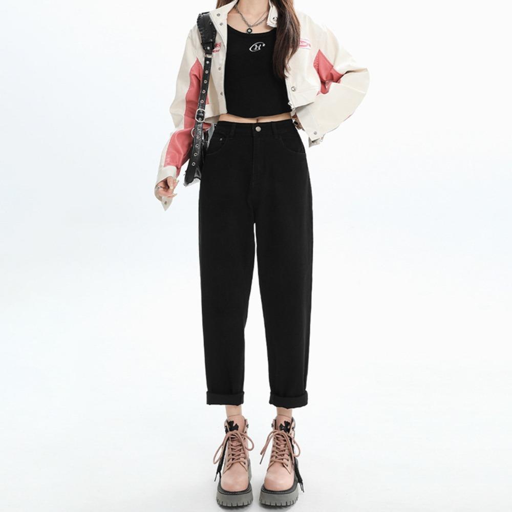 

Осень и зима новые повседневные универсальные джинсы Харлан женские фигура типа груша высокая посадка и тонкий папин деним M чёрный