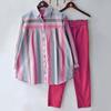 2Pcs/Set Lapel Long Sleeve Single Breasted Mid-rise Pockets Casual Outfit Striped Print Shirt Solid Color Pants Set