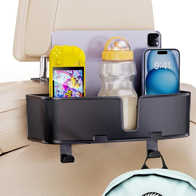 Car Headrest Cup Holder for Back Seat Organizer for Type-c/Lightning Retractable Charging Cables Multi- Hanging Snack Storage Box with Strong Hooks