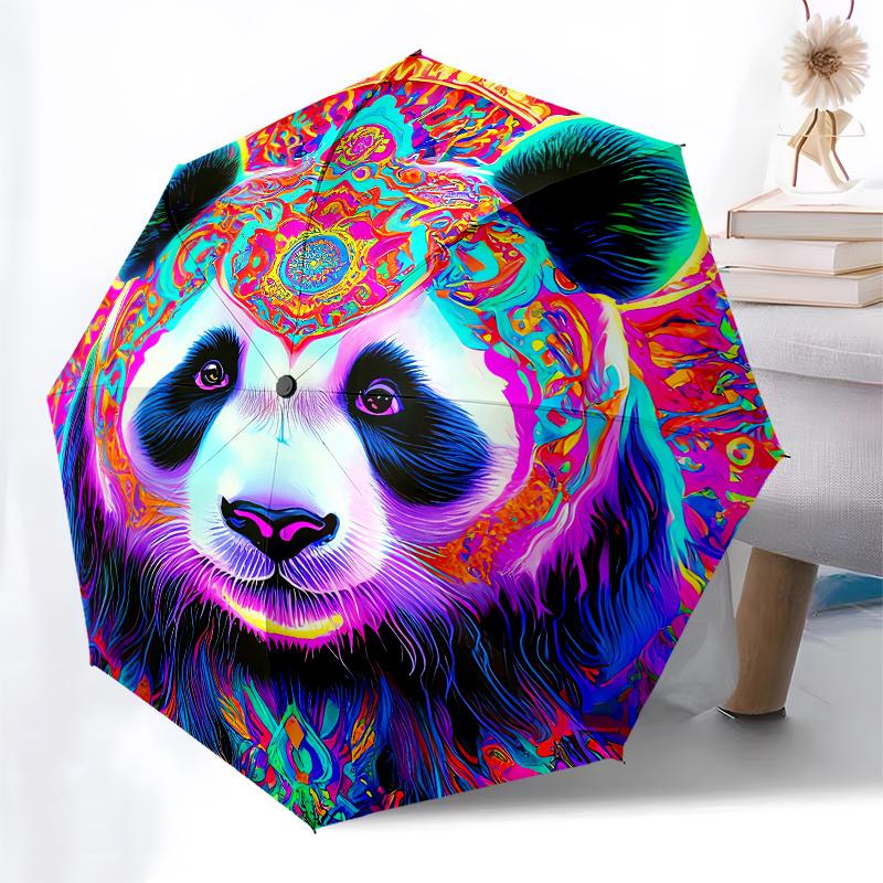 Psychedelic Panda Automatic Folding Umbrella Simple Eight Rib Design, Bright Color Pattern, Durable Iron Frame, Ideal for Travel and Outdoo