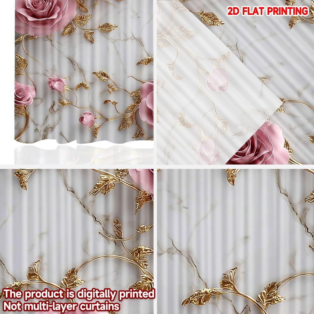 Set Of 2 Elegant Luxury Rose Gold Curtains Pink Roses Golden Vines Marble Background Living Room Decor Curtain Polyester Ideal For