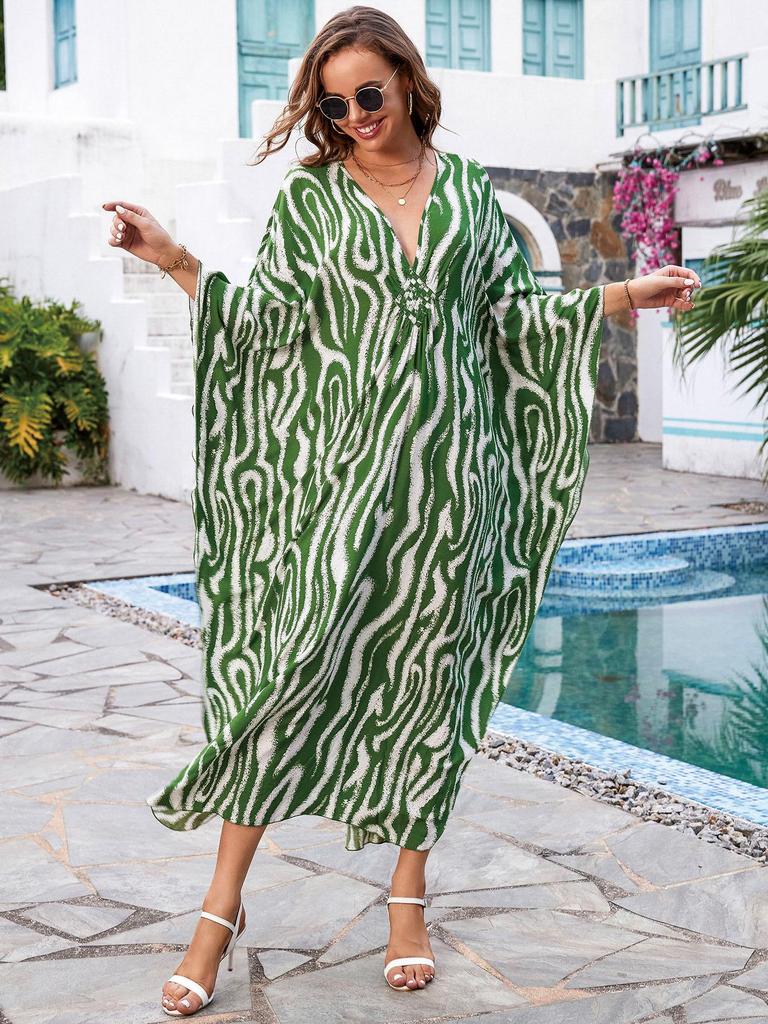 European & American Cotton Print Plus Size Loose Beach Dress Cover-Up for Women