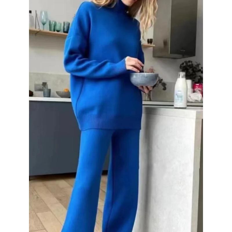 

2024 Осень Зима Повседневный свободный вязаный свитер из двух частей Модный однотонный свитер с высоким воротом и длинными рукавами, свитер, прямые брюки XL синий
