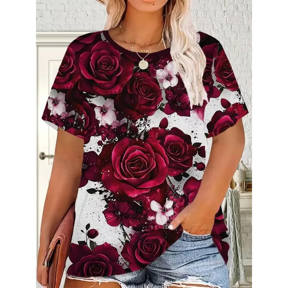 Casual Simple Flower Printed Top Women's Versatile Short Sleeve Daily Comfort T-Shirts Women’s