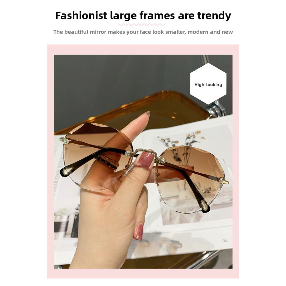 Internet celebrity street shot new polygonal sunglasses women's big face thin marine sunglasses rimless trimmed sunglasses
