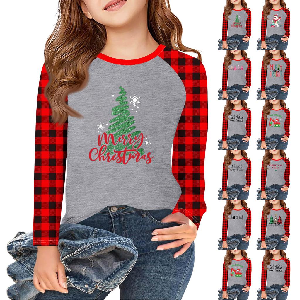 Girls Long Sleeve Christmas Day T Shirts Kids Fall Tops Crewneck Basic Tees 5-14Y