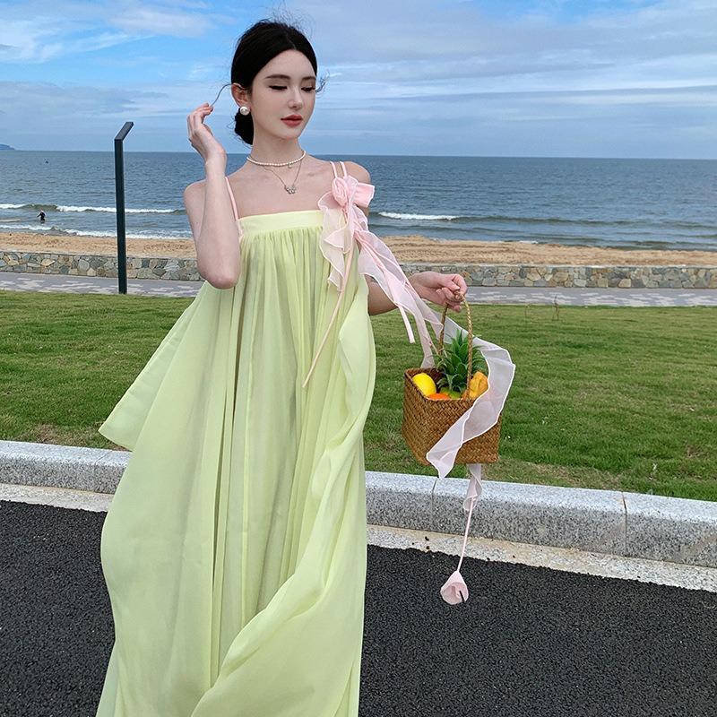 

Beautiful Fairy Seaside Vacation Skirt Girl Pink and Green Flower Tube Top Long Dress Fairy Feeling Dress Summer S