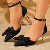 Fashion Elegant Bowtie Decor High Heel Sandals for Women Plus Size Cotton Pointed Toe Party Shoes Summer Ankle Buckle Thin Heels Sandals