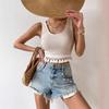 Ladies Summer Sleeveless U Collar Solid Color Casual Tassel T Shirt Vest Crop Top