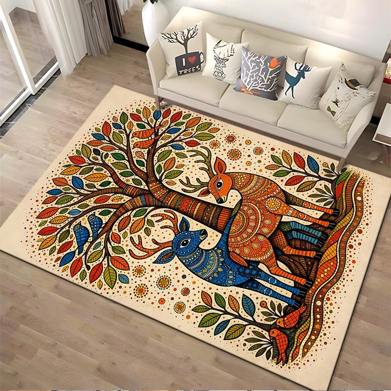 Colorful Deer and Tree Pattern Carpet with Vibrant Boho Art Design Suitable for Use As an Anti-slip for Living Room Bedroom Sofas