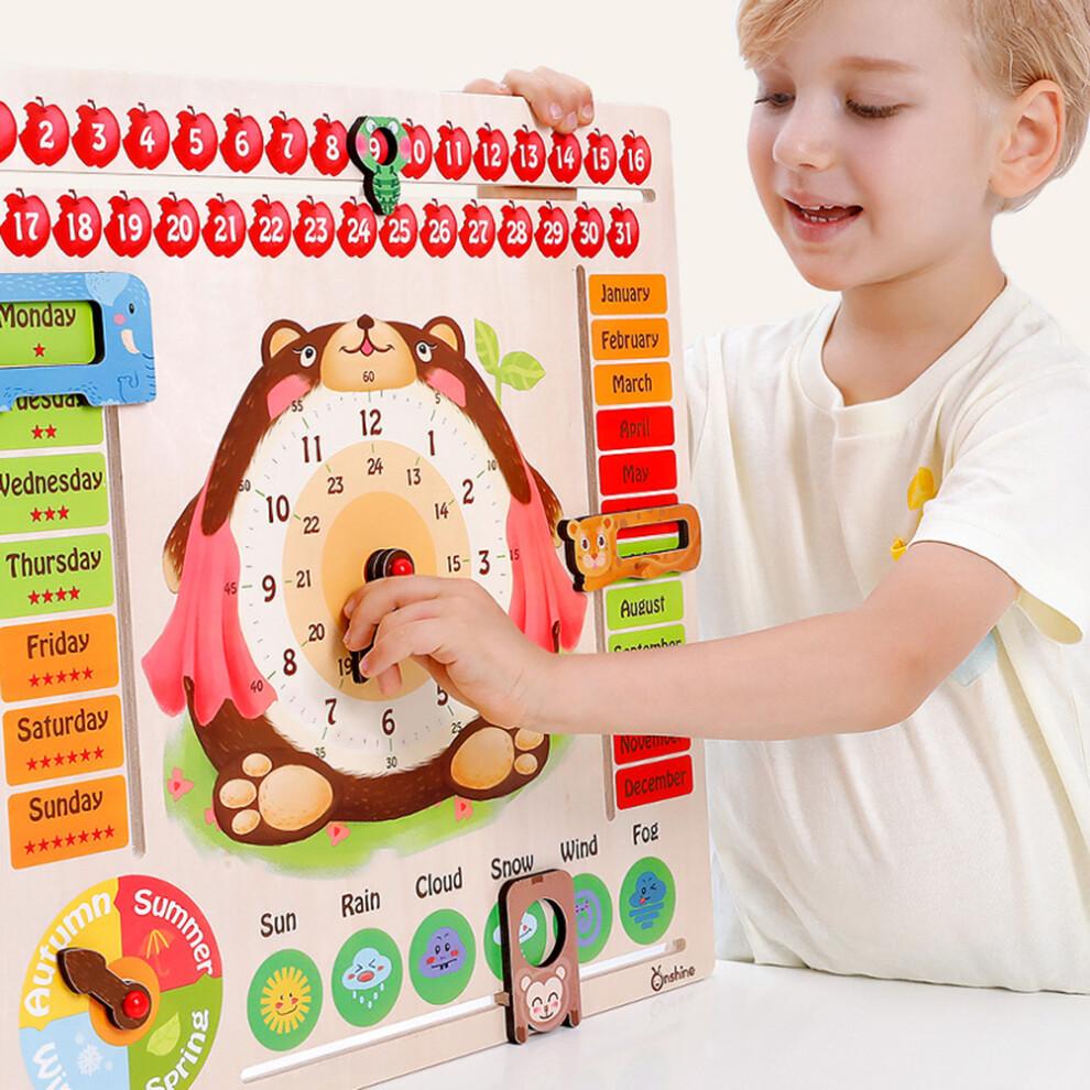 Kids Calendar Board Wooden Clock Toy Time Date