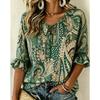 Damen Mehrfarbiger Print Krawattenfront V-Ausschnitt 3/4 Rüschenärmel Lockere Bluse, Lässiges Tägliches Oberteil