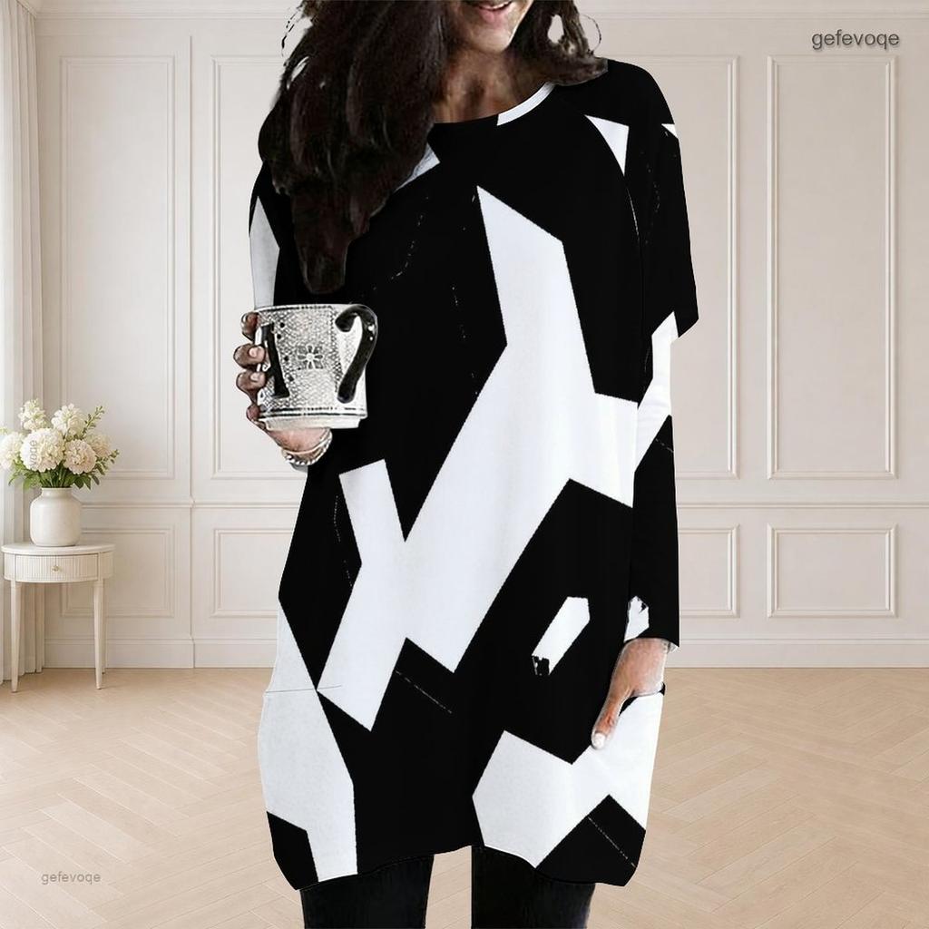Women Plus Size Round Neck Long Sleeve Loose Black White Printed Longline Tunic With Pockets