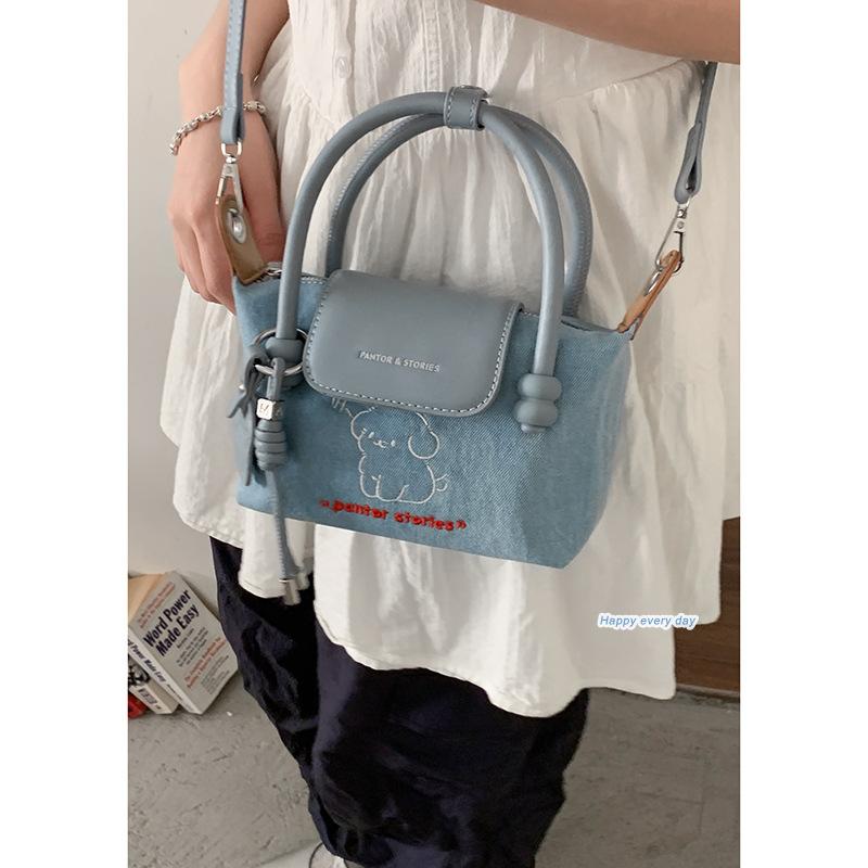 Korean version of casual handbag small bag women 2025 new cartoon puppy embroidered small square bag denim messenger bag