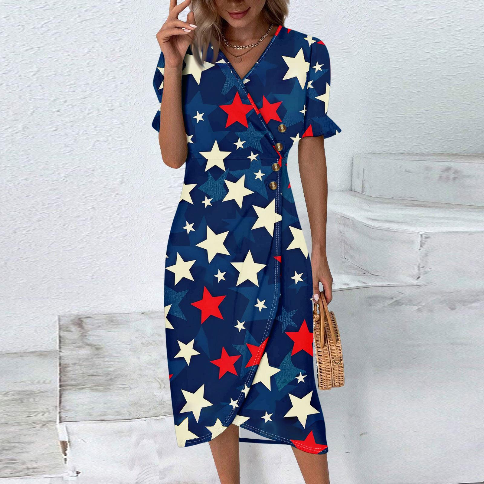 

Пляжные платья для женщин, весна-лето, элегантное платье с V-образным вырезом и принтом «День независимости», струящееся гавайское макси-платье со сборками XXL