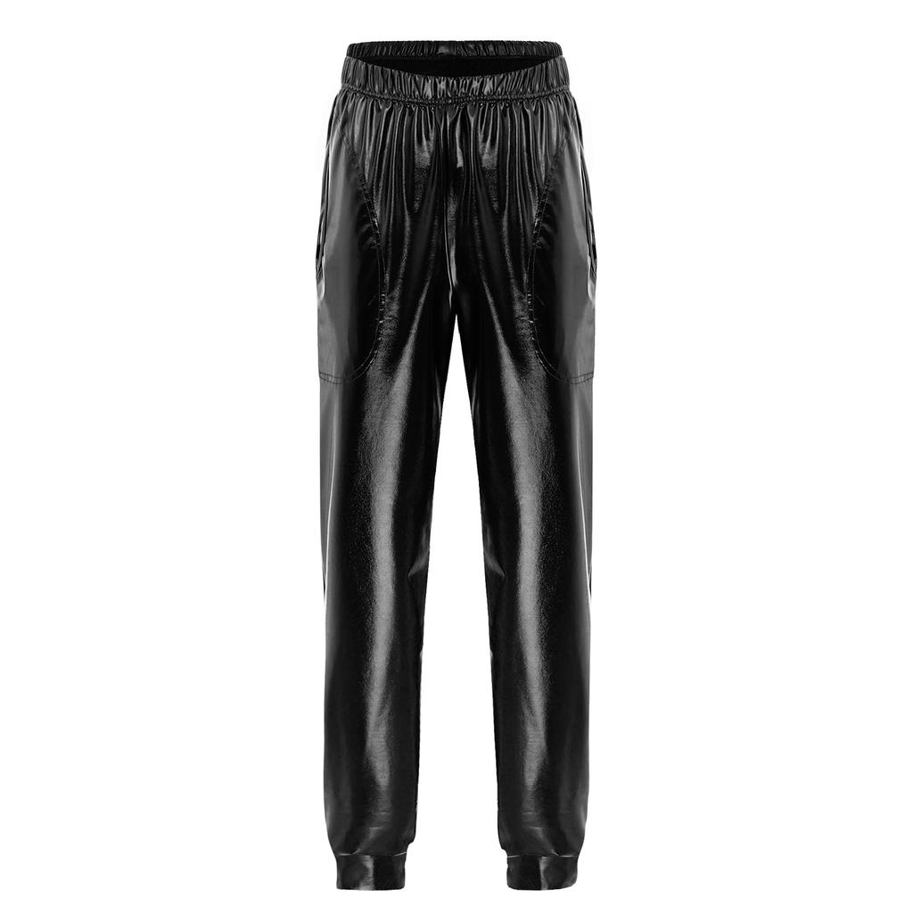 Damen Metallic Tanzhose Hoher Bund Elastischer Bund Lockerer Schnitt Sporthose Glänzender Schimmer Moderne Hose