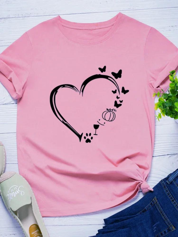 Butterflies Heart Print Women T Shirt Short Sleeve O Neck Loose Women Tshirt Ladies Tee Shirt Tops Clothes Camisetas Mujer