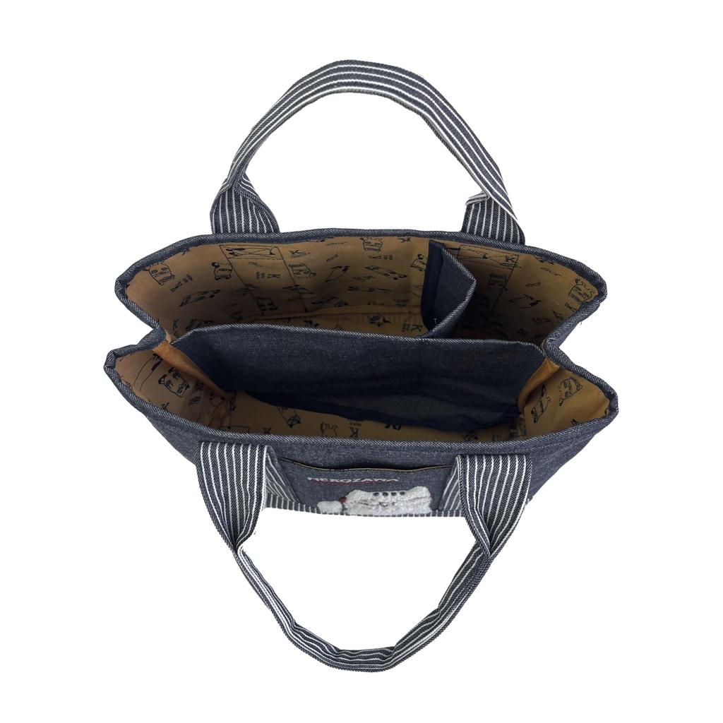 [Kusuguru Japan] Yarn-dyed Denim-Style Divided Tote Bag, Small, Nekomaruke NB