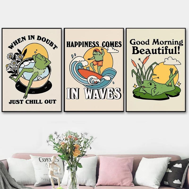 Retro 70s You Are Exactly Funny Mushroom Poster Groovy Hippie Ball Dancing Frogs Canvas Painting Wall Art Pictures Home Decor
