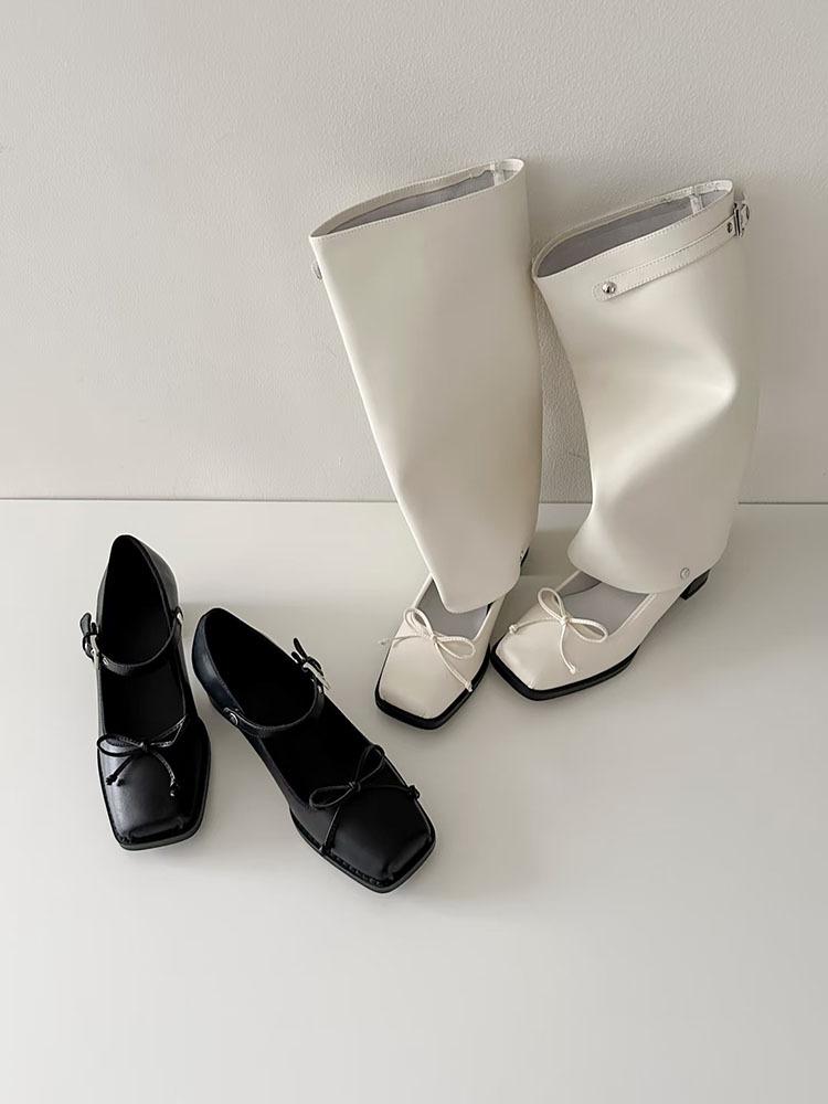 

Spot version~ niche thick heel 5cm height-increasing cool boots women s fashionable two-wear square head hollow bow ballet shoes 40